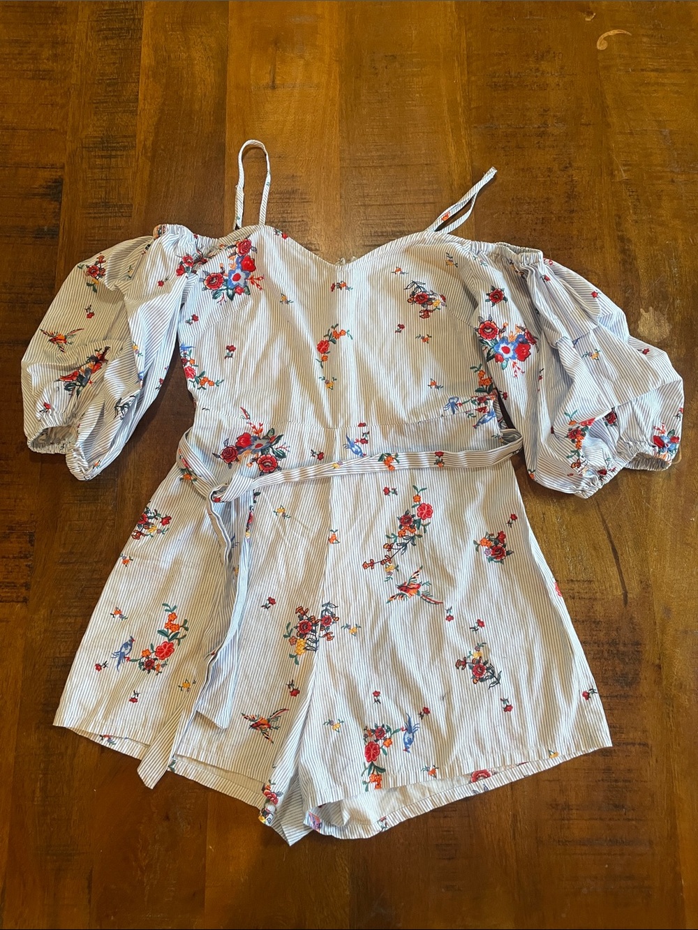 Striped Floral Off-Shoulder Romper in Light Blue and Red